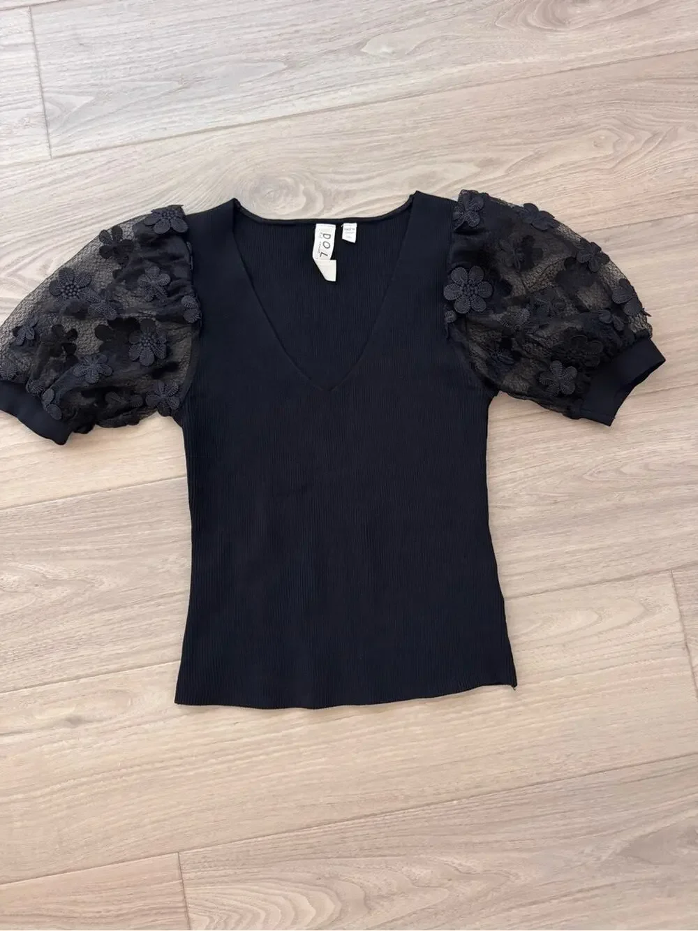 dolan Black V-Neck Puff Sleeve Knit Top with Floral Lace - Picture 1 of 6